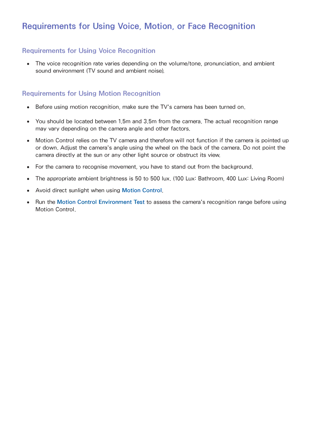 Samsung UA65HU7200KXXV Requirements for Using Voice, Motion, or Face Recognition, Requirements for Using Voice Recognition 