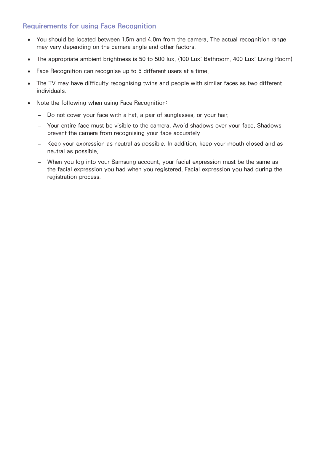 Samsung UA85HU8500KXXV, UA55HU7200KXXV, UA55HU7000KXXV, UA65HU8500KXXV manual Requirements for using Face Recognition 