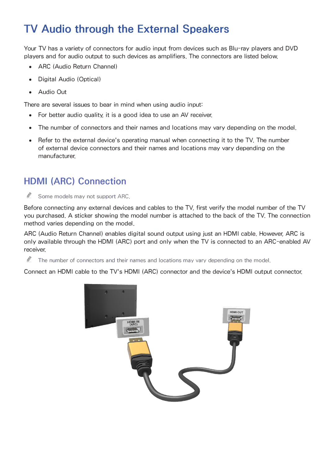 Samsung UA55HU7000KXXV, UA55HU7200KXXV, UA65HU8500KXXV manual TV Audio through the External Speakers, Hdmi ARC Connection 