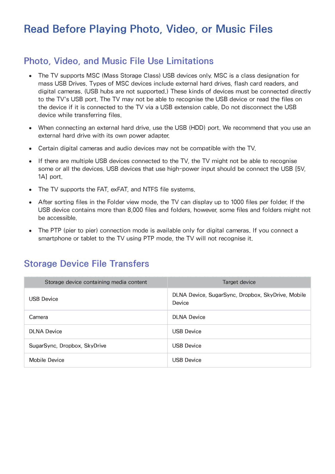 Samsung UA65HU7200WXSQ Read Before Playing Photo, Video, or Music Files, Photo, Video, and Music File Use Limitations 