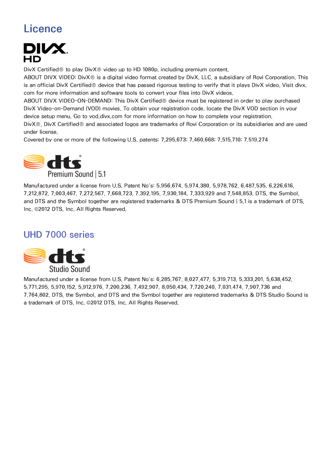 Samsung UA55HU8700WXSQ, UA55HU7200KXXV, UA55HU7000KXXV, UA65HU8500KXXV, UA50HU7000KXXV manual Licence, UHD 7000 series 