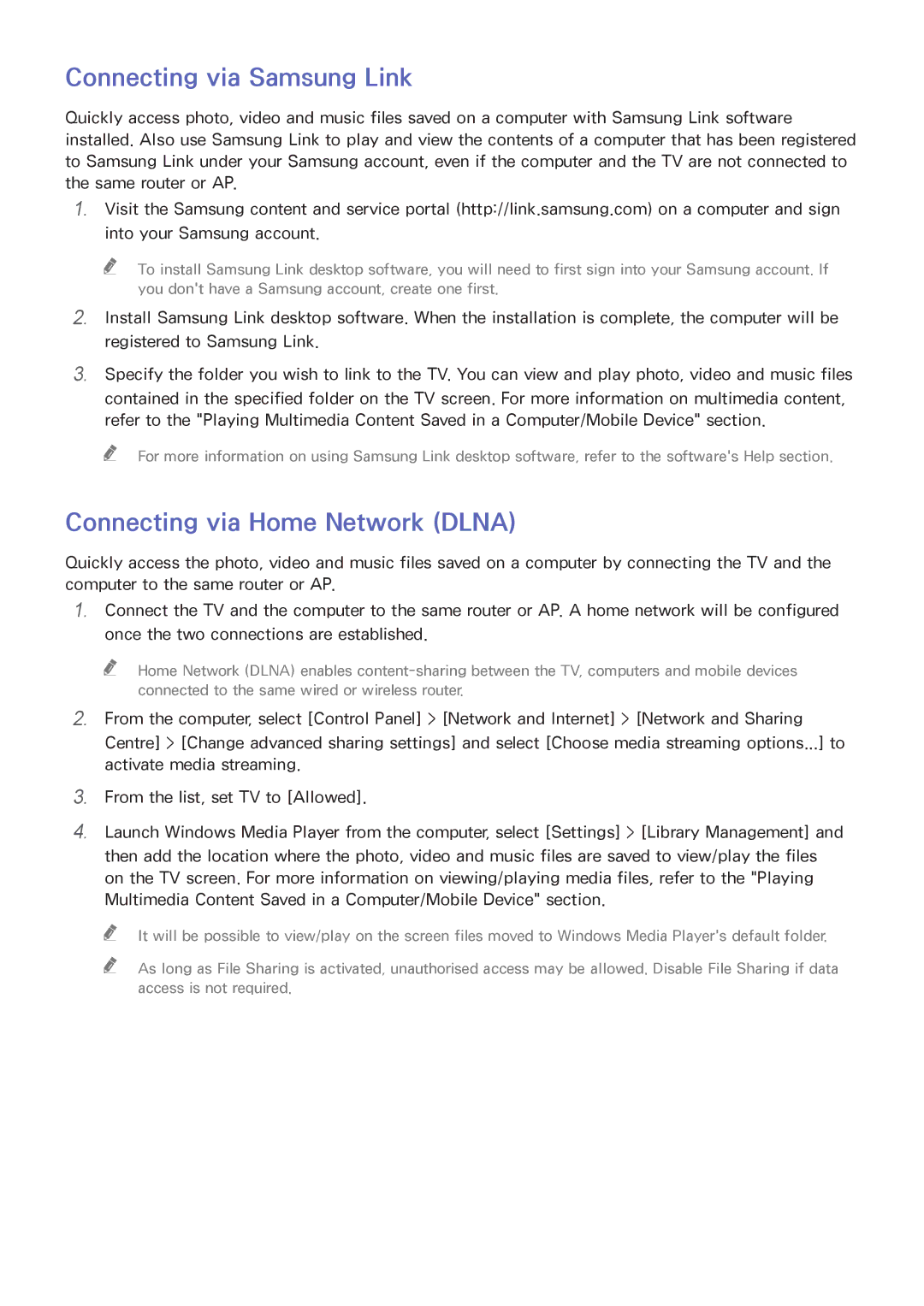 Samsung UA48HU8500KXXV, UA55HU7200KXXV, UA55HU7000KXXV manual Connecting via Samsung Link, Connecting via Home Network Dlna 