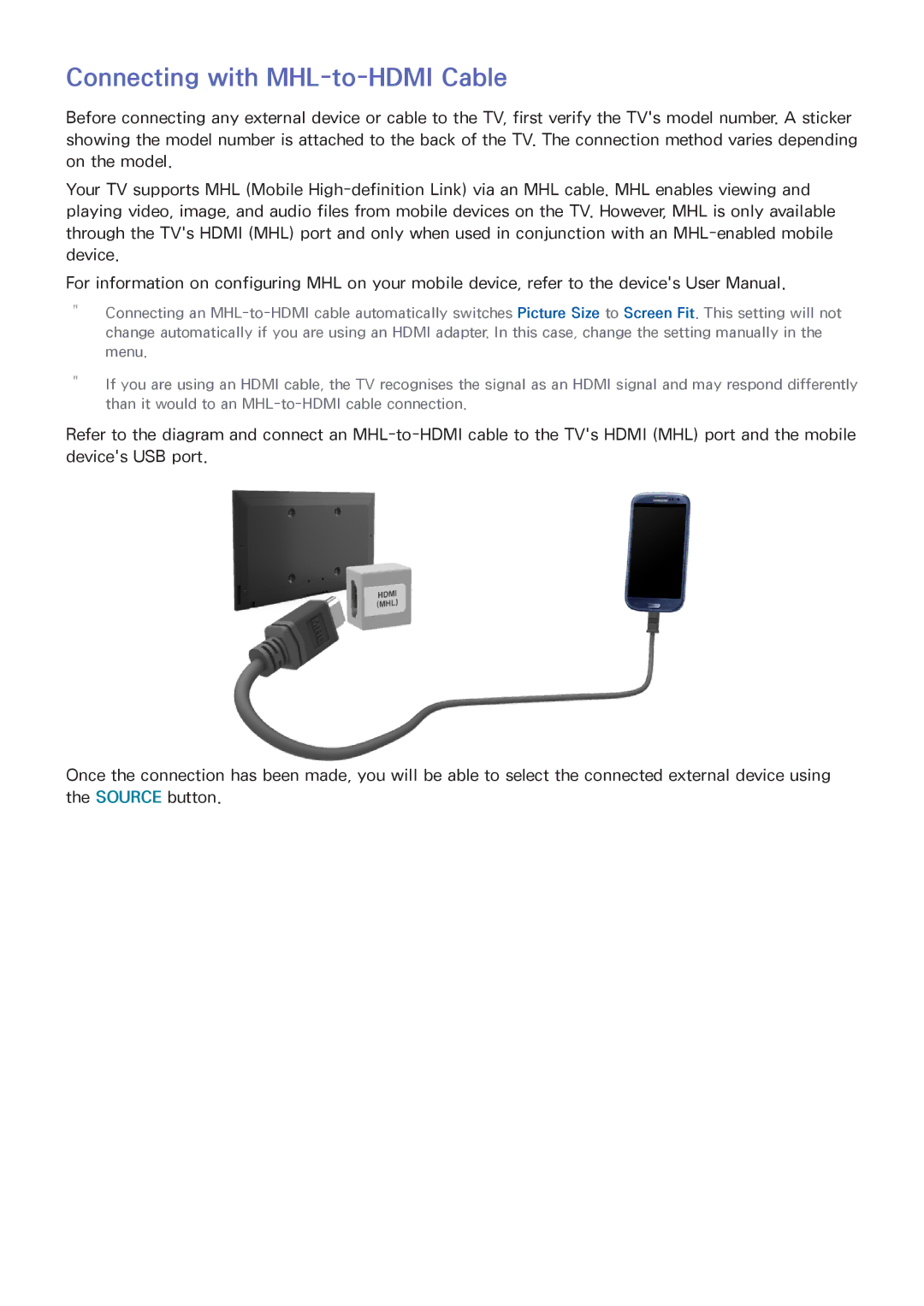 Samsung UA65HU8700KXXV, UA55HU7200KXXV, UA55HU7000KXXV, UA65HU8500KXXV, UA50HU7000KXXV manual Connecting with MHL-to-HDMI Cable 