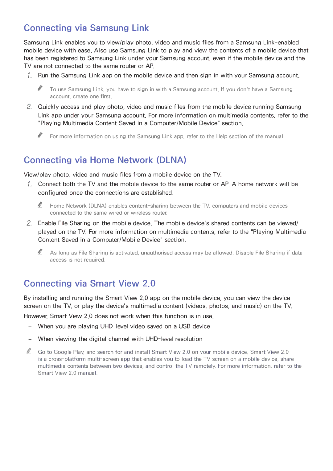 Samsung UA55HU7200WXSQ, UA55HU7200KXXV, UA55HU7000KXXV manual Connecting via Samsung Link, Connecting via Smart View 