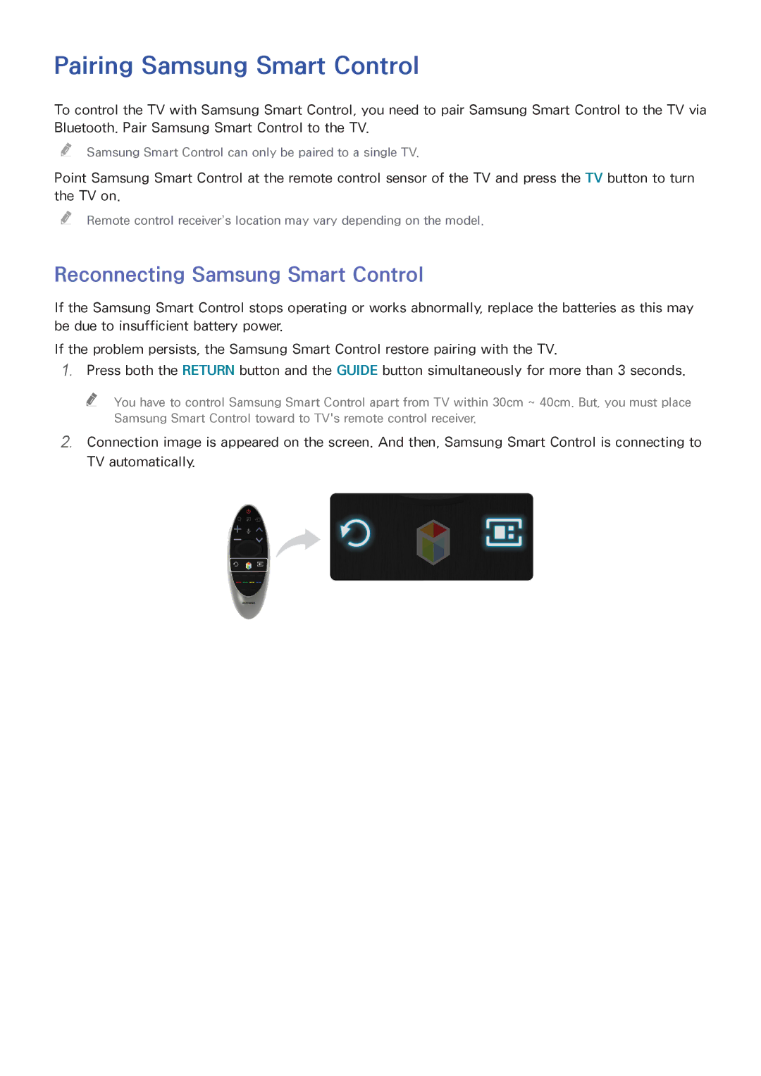 Samsung UA65HU8700WXSQ, UA55HU7200KXXV, UA55HU7000KXXV Pairing Samsung Smart Control, Reconnecting Samsung Smart Control 