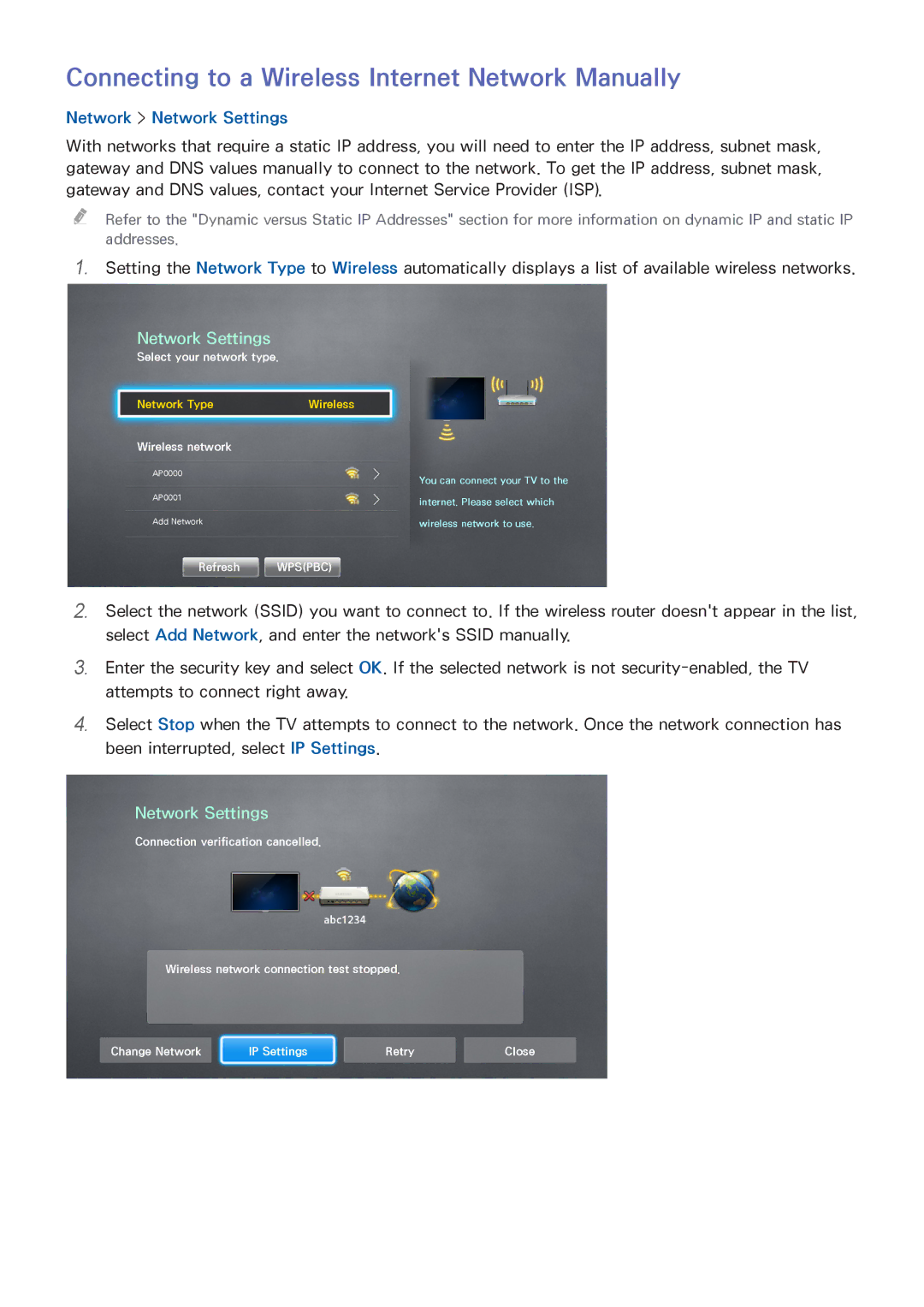 Samsung UA85HU8500WXSQ, UA55HU7200KXXV, UA55HU7000KXXV Connecting to a Wireless Internet Network Manually, Wireless network 