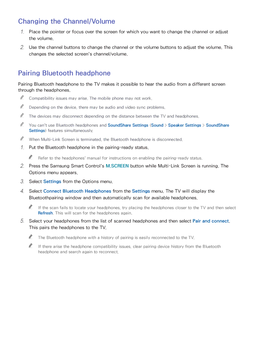 Samsung UA65HU8500KXXV, UA55HU7200KXXV, UA55HU7000KXXV manual Changing the Channel/Volume, Pairing Bluetooth headphone 