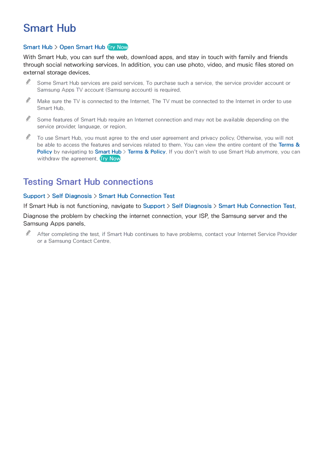 Samsung UA55HU8500KXXV, UA55HU7200KXXV, UA55HU7000KXXV Testing Smart Hub connections, Smart Hub Open Smart Hub Try Now 