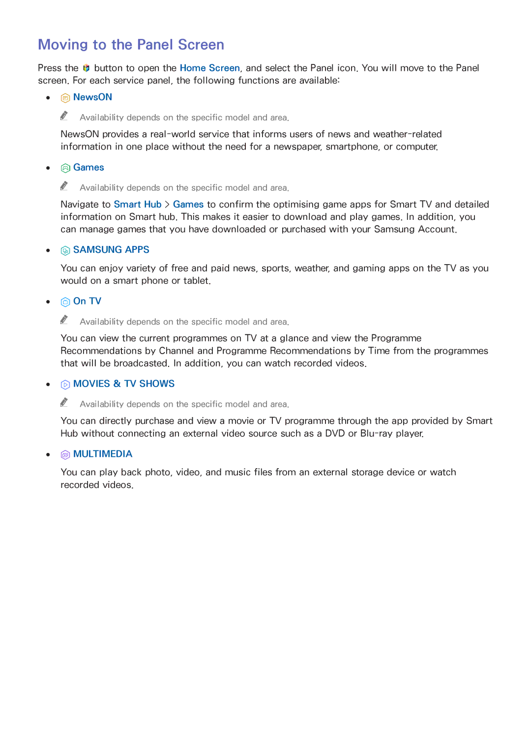 Samsung UA85HU8500KXXV, UA55HU7200KXXV, UA55HU7000KXXV, UA65HU8500KXXV manual Moving to the Panel Screen, NewsON, Games, On TV 