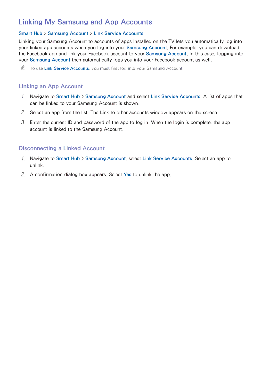 Samsung UA65HU7200WXSQ manual Linking My Samsung and App Accounts, Linking an App Account, Disconnecting a Linked Account 