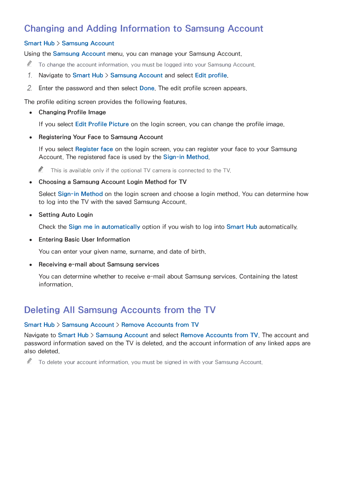 Samsung UA55HU7000WXSQ manual Changing and Adding Information to Samsung Account, Deleting All Samsung Accounts from the TV 