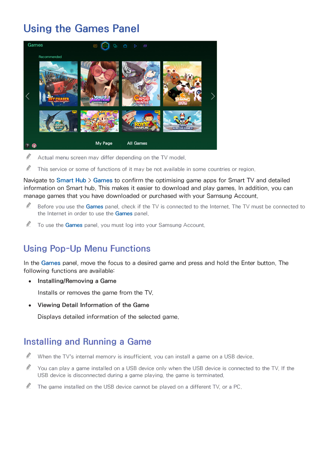 Samsung UA48HU8500WXSQ, UA55HU7200KXXV Using the Games Panel, Using Pop-Up Menu Functions, Installing and Running a Game 