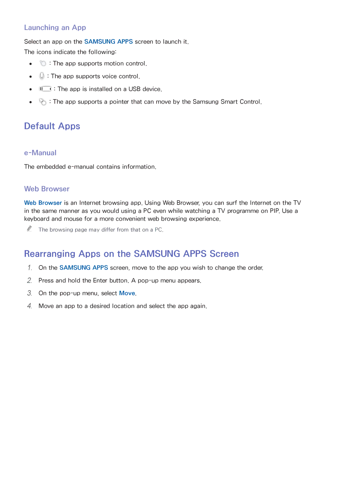 Samsung UA50HU7000WXSQ Default Apps, Rearranging Apps on the Samsung Apps Screen, Launching an App, Manual, Web Browser 