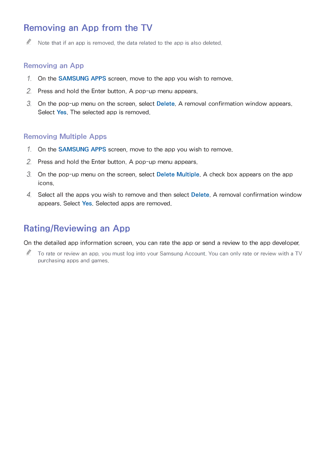 Samsung UA55HU8700WXSQ, UA55HU7200KXXV manual Removing an App from the TV, Rating/Reviewing an App, Removing Multiple Apps 
