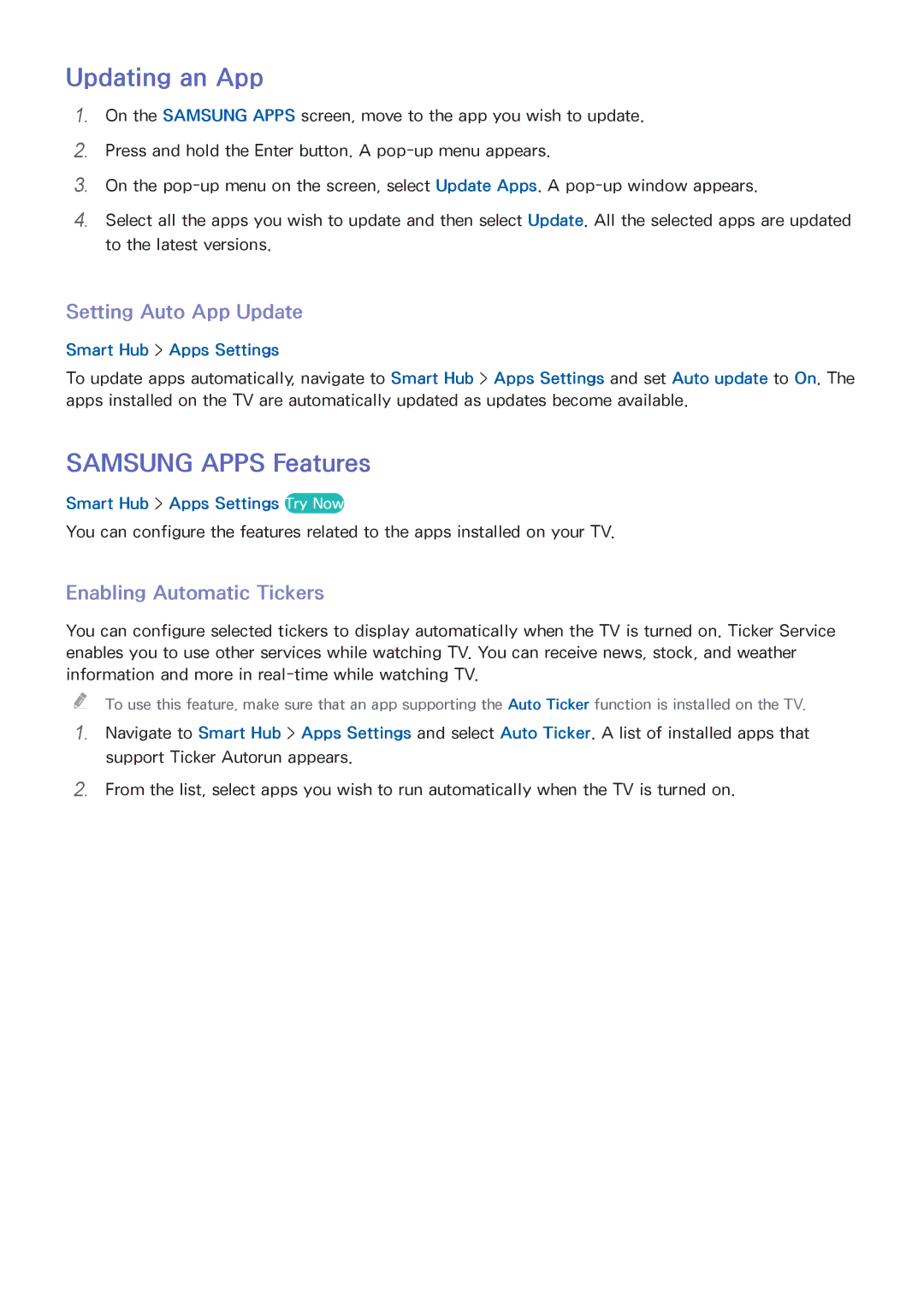 Samsung UA55HU7200KXXV manual Updating an App, Samsung Apps Features, Setting Auto App Update, Enabling Automatic Tickers 