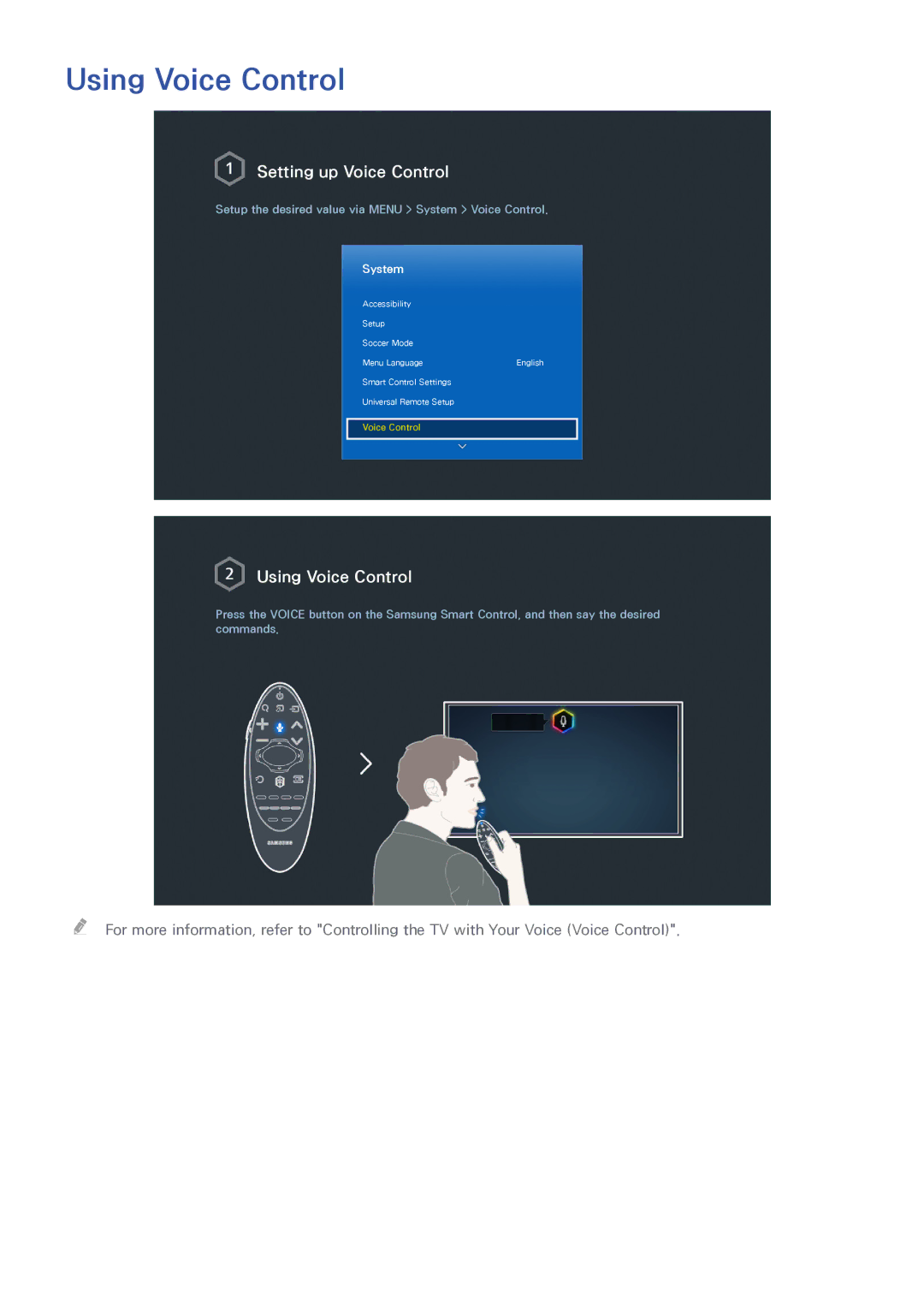 Samsung UA65HU8700KXXV, UA55HU7200KXXV, UA55HU7000KXXV, UA65HU8500KXXV manual Using Voice Control, Setting up Voice Control 