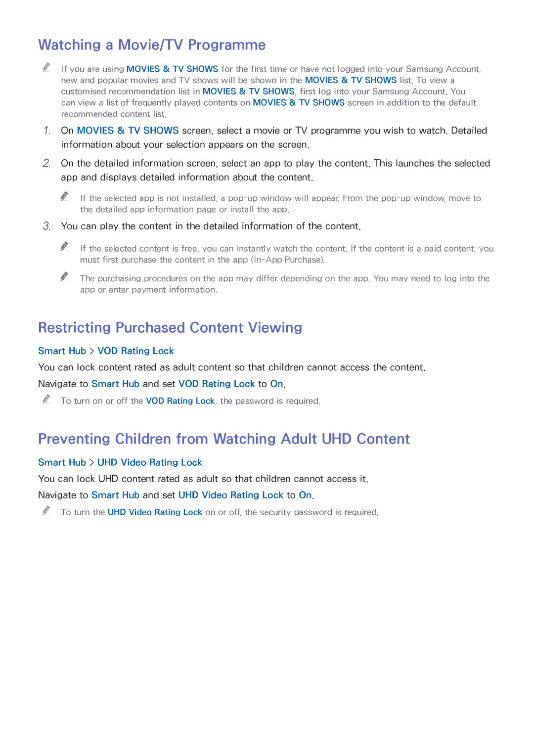 Samsung UA65HU8700KXXV, UA55HU7200KXXV, UA55HU7000KXXV Watching a Movie/TV Programme, Restricting Purchased Content Viewing 