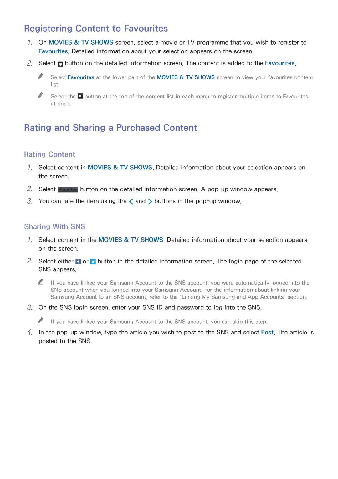 Samsung UA65HU7200WXSQ manual Registering Content to Favourites, Rating and Sharing a Purchased Content, Rating Content 