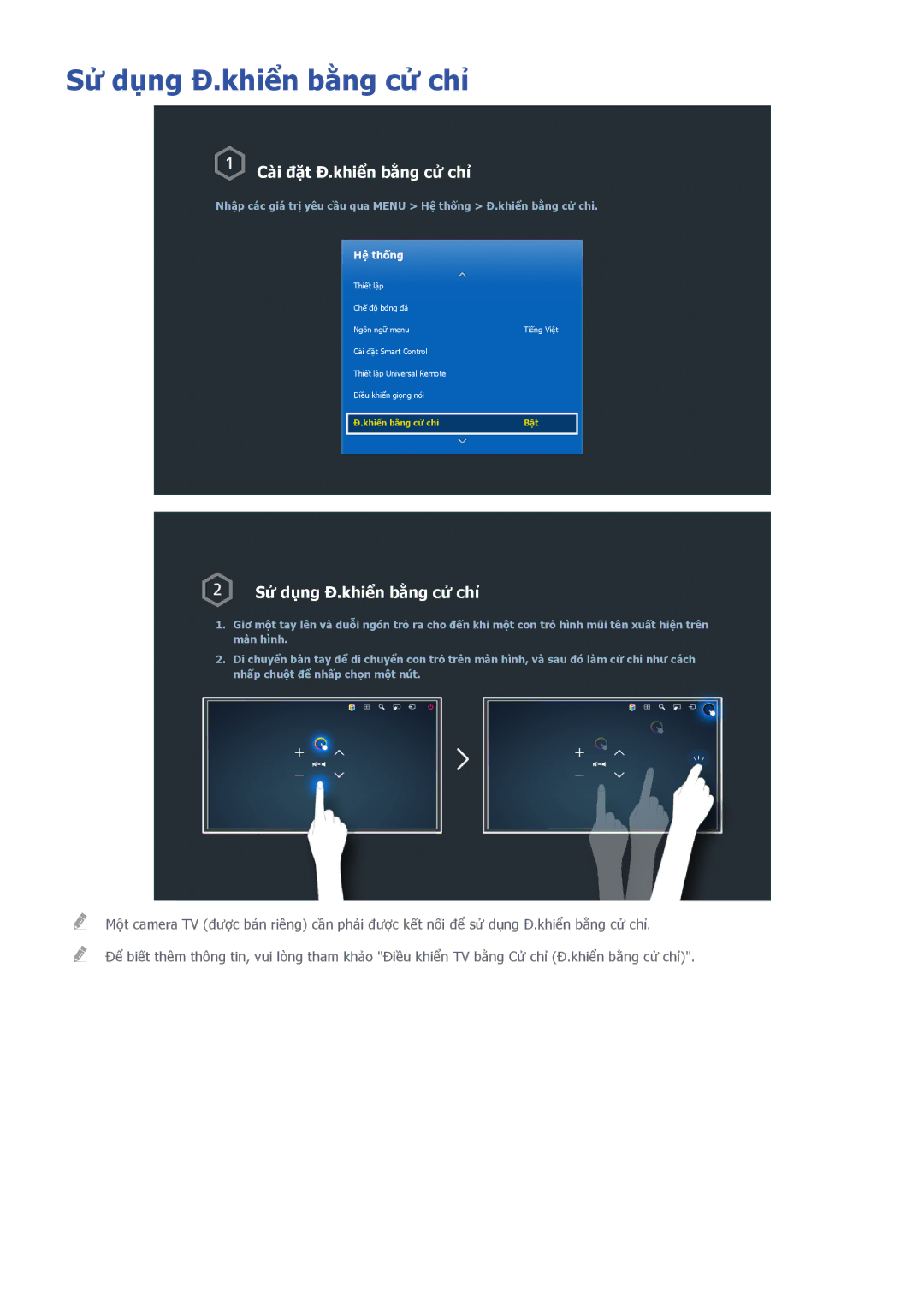 Samsung UA55HU7200KXXV, UA55HU7000KXXV, UA65HU8500KXXV manual Sử dụng Đ.khiển bằng cử chỉ, Cài đặt Đ.khiển bằng cử chỉ 