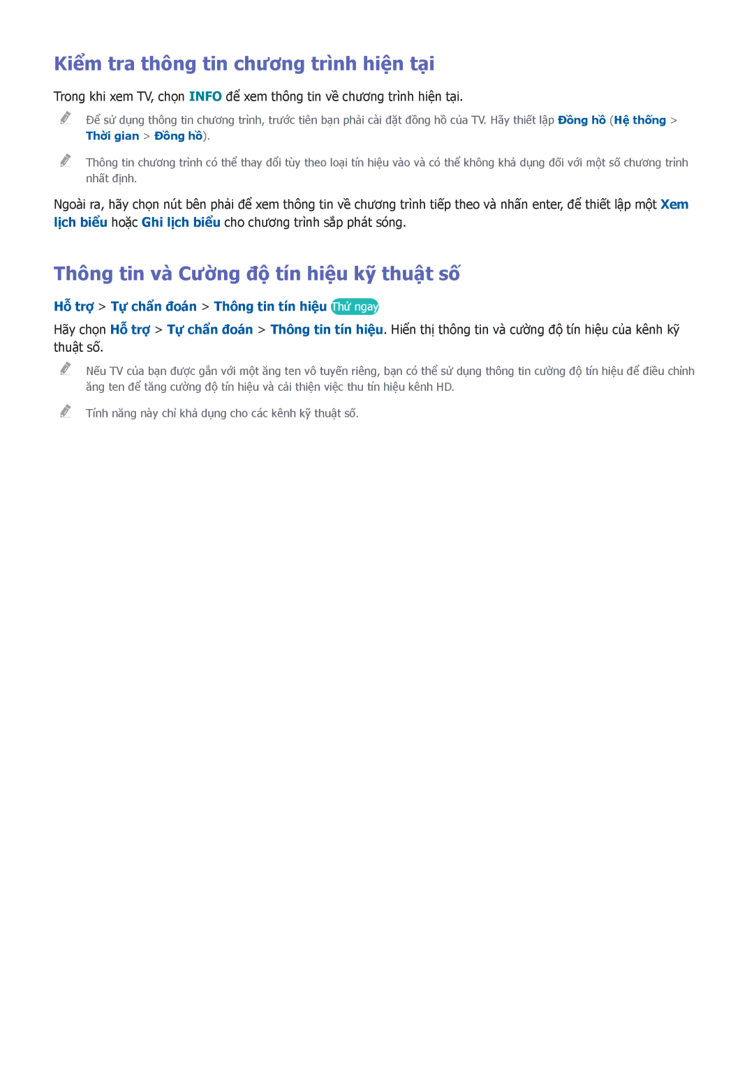 Samsung UA55HU7200KXXV manual Kiểm tra thông tin chương trình hiện tại, Thông tin và Cường độ tín hiệu kỹ thuật số 