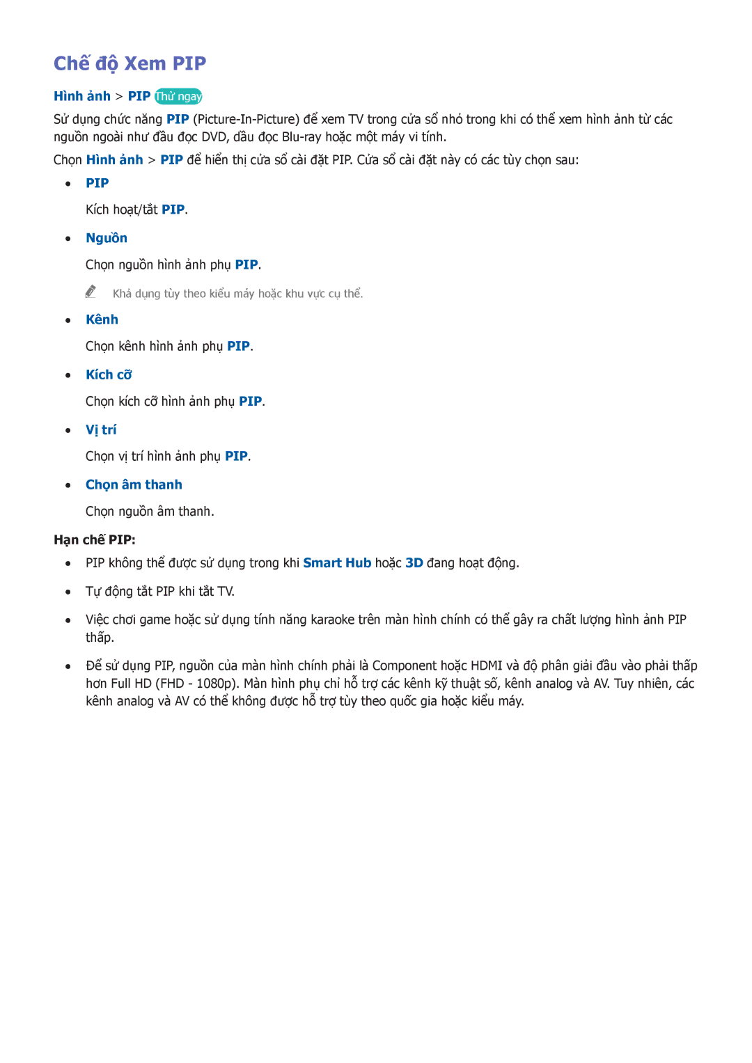 Samsung UA65HU7200KXXV, UA55HU7200KXXV, UA55HU7000KXXV, UA65HU8500KXXV, UA50HU7000KXXV, UA55HU8500KXXV manual Chế độ Xem PIP 
