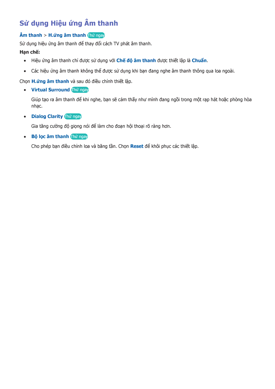 Samsung UA55HU8500KXXV manual Sử dụng Hiệu ứng Âm thanh, Âm thanh H.ứng âm thanh Thử ngay, Virtual Surround Thử ngay 