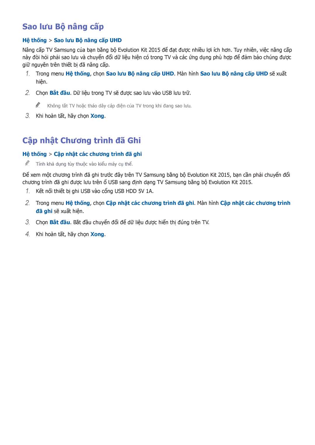 Samsung UA65HU7200KXXV, UA55HU7200KXXV, UA55HU7000KXXV Cập nhật Chương trình đã Ghi, Hê thông Sao lưu Bộ nâng cấp UHD 