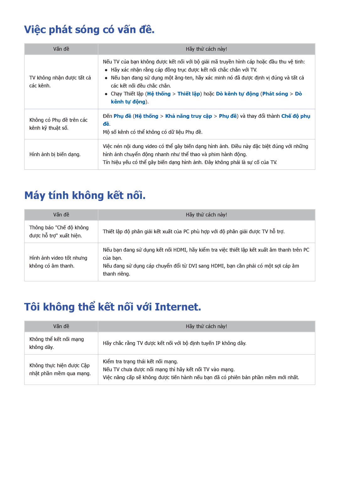 Samsung UA48HU8500KXXV manual Việc phát sóng có vấn đề, Máy tính không kết nối, Tôi không thể kết nối với Internet 