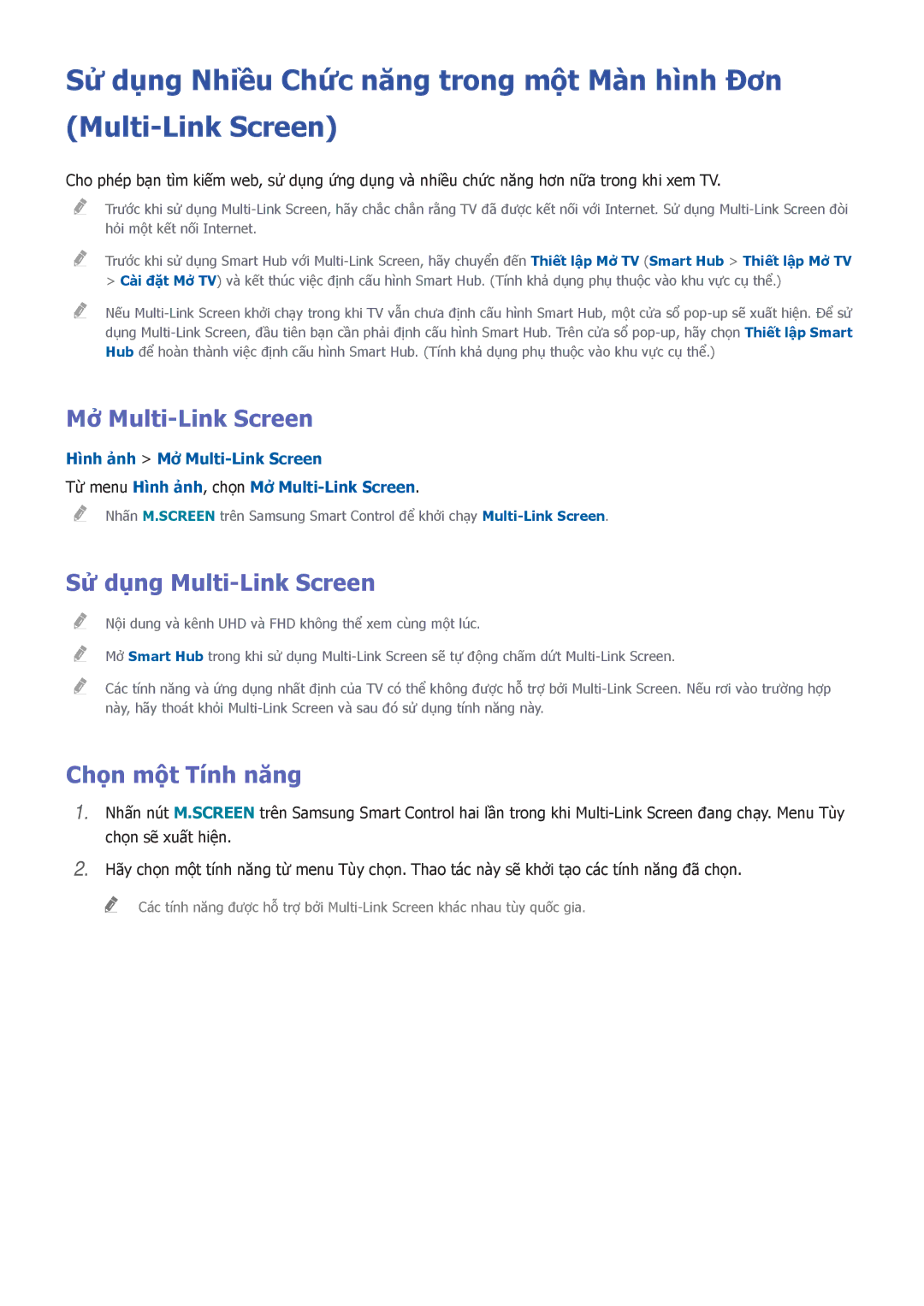 Samsung UA55HU8500KXXV, UA55HU7200KXXV, UA55HU7000KXXV Mở Multi-Link Screen, Sử dụng Multi-Link Screen, Chọn một Tính năng 