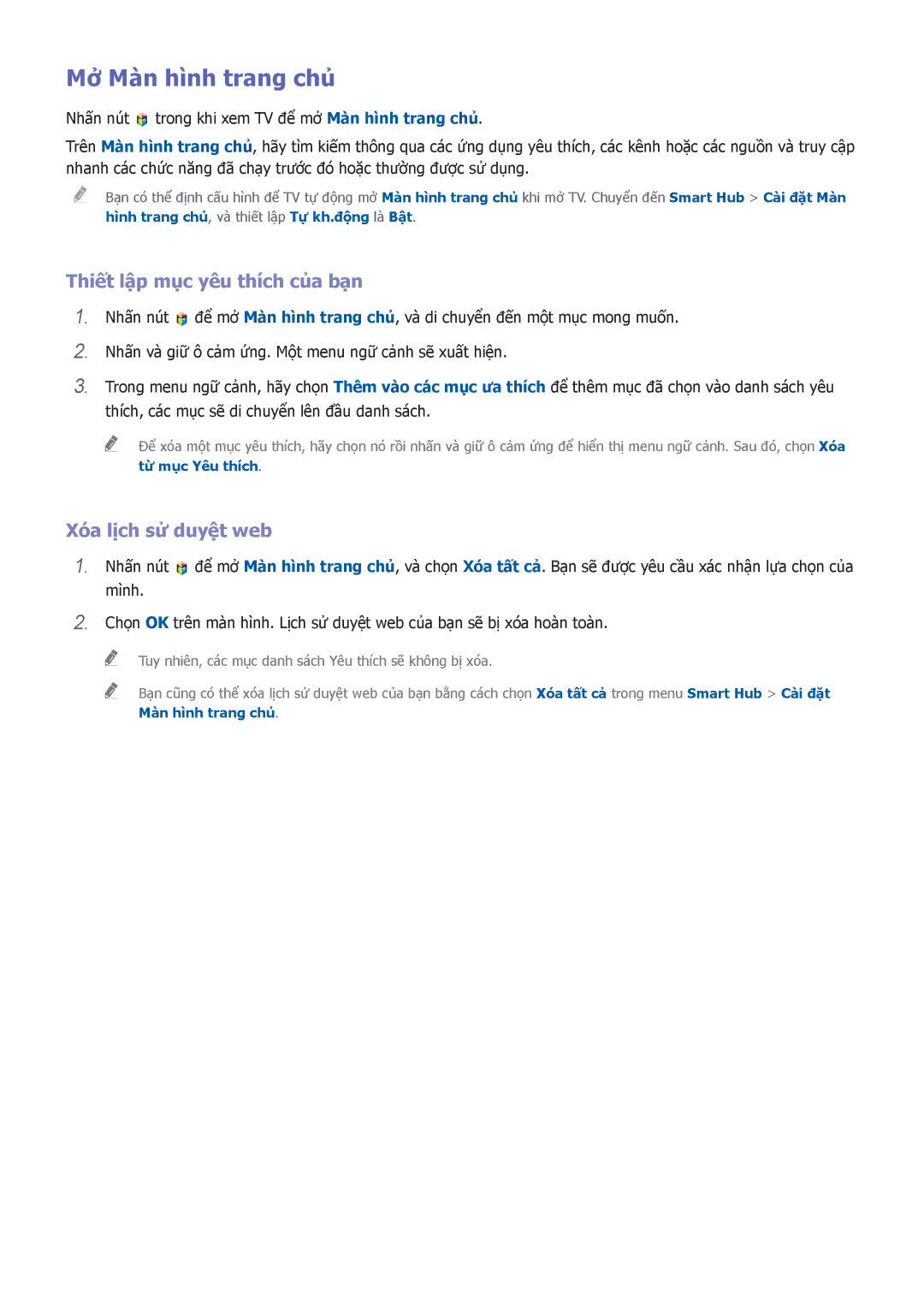 Samsung UA55HU8700KXXV, UA55HU7200KXXV manual Mở Màn hình trang chủ, Thiết lập mục yêu thích của bạn, Xóa lịch sử duyệt web 