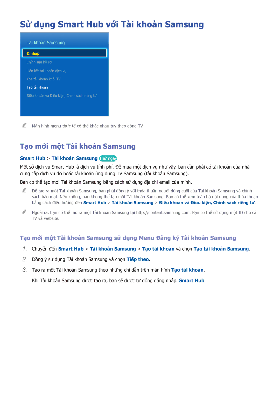 Samsung UA55HU7000KXXV, UA55HU7200KXXV manual Sử dụng Smart Hub với Tài khoản Samsung, Tạo mới một Tài khoản Samsung 
