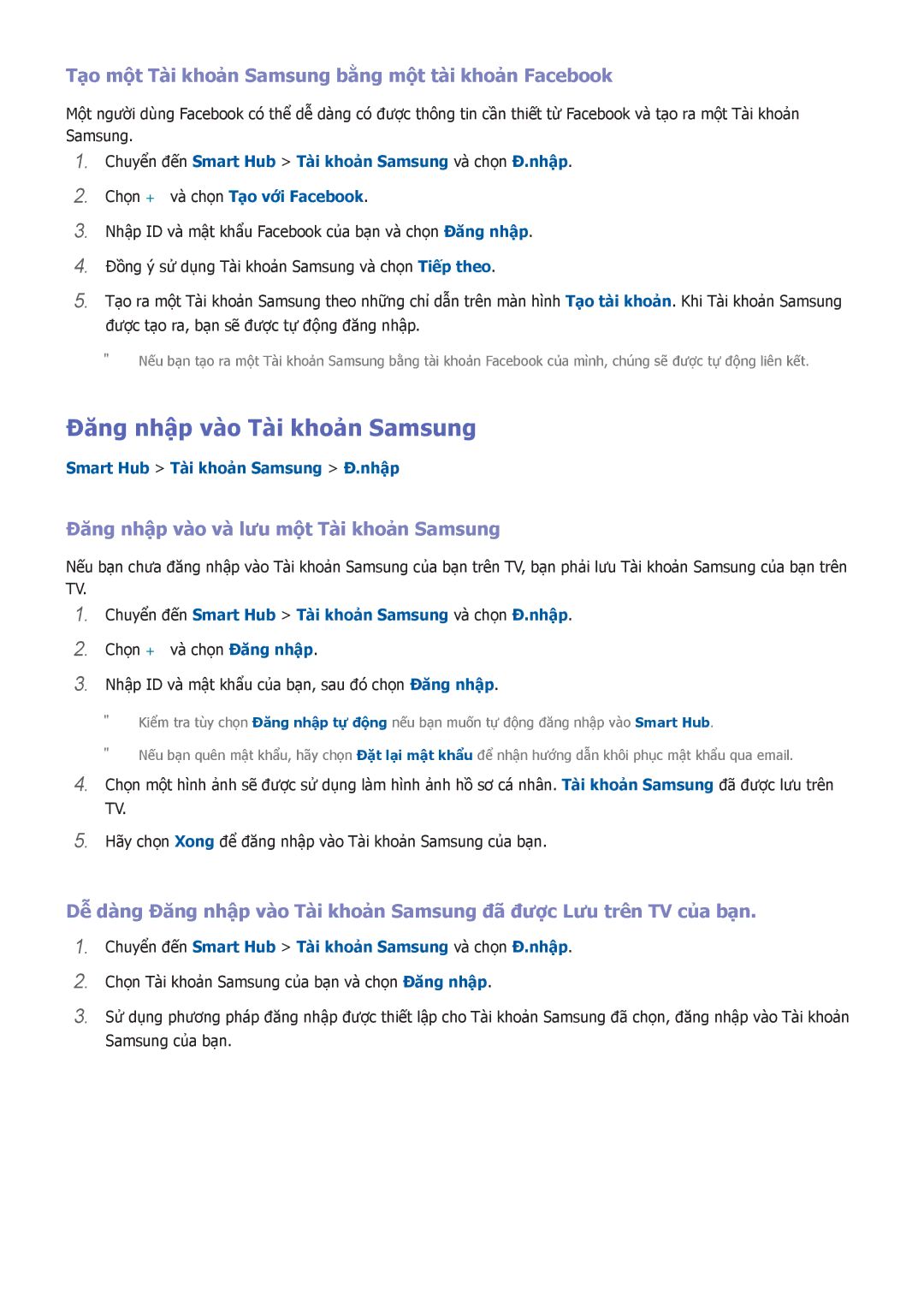 Samsung UA65HU8500KXXV manual Đăng nhập vào Tài khoản Samsung, Tạo một Tài khoản Samsung bằng một tài khoản Facebook 