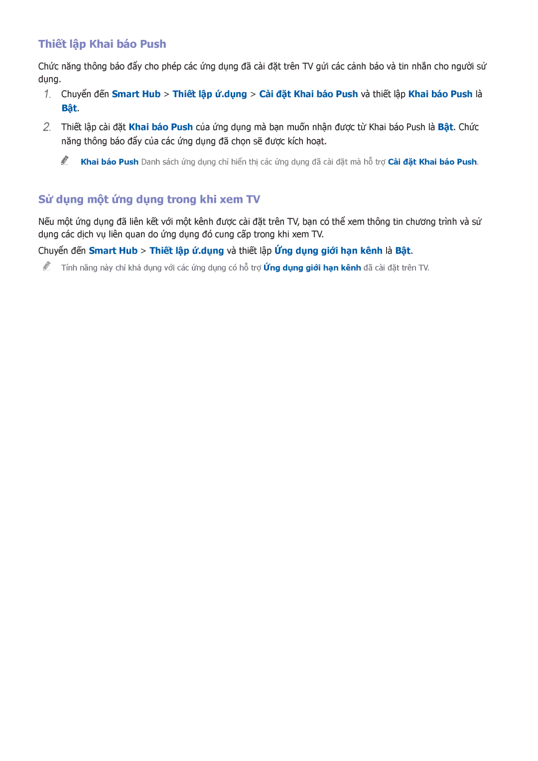 Samsung UA65HU7200KXXV, UA55HU7200KXXV, UA55HU7000KXXV manual Thiết lập Khai báo Push, Sử dụng một ứng dụng trong khi xem TV 