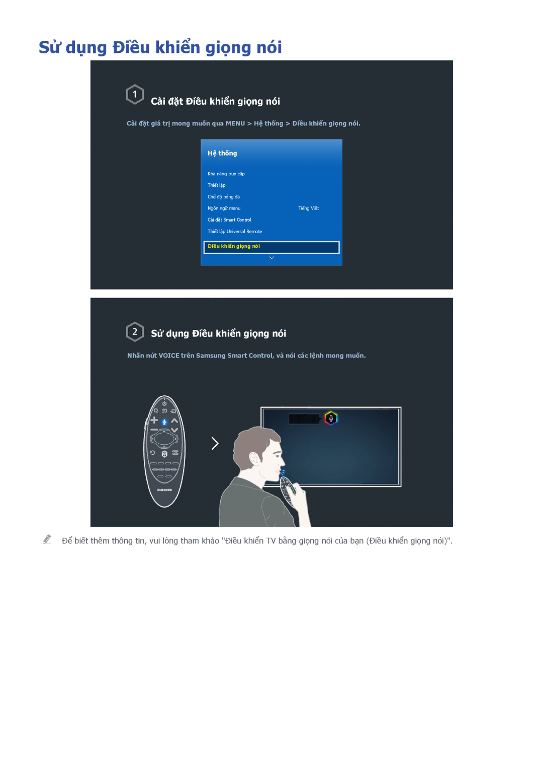 Samsung UA65HU8700KXXV, UA55HU7200KXXV, UA55HU7000KXXV manual Sử dụng Điều khiển giọng nói, Cài đặt Điều khiển giọng nói 