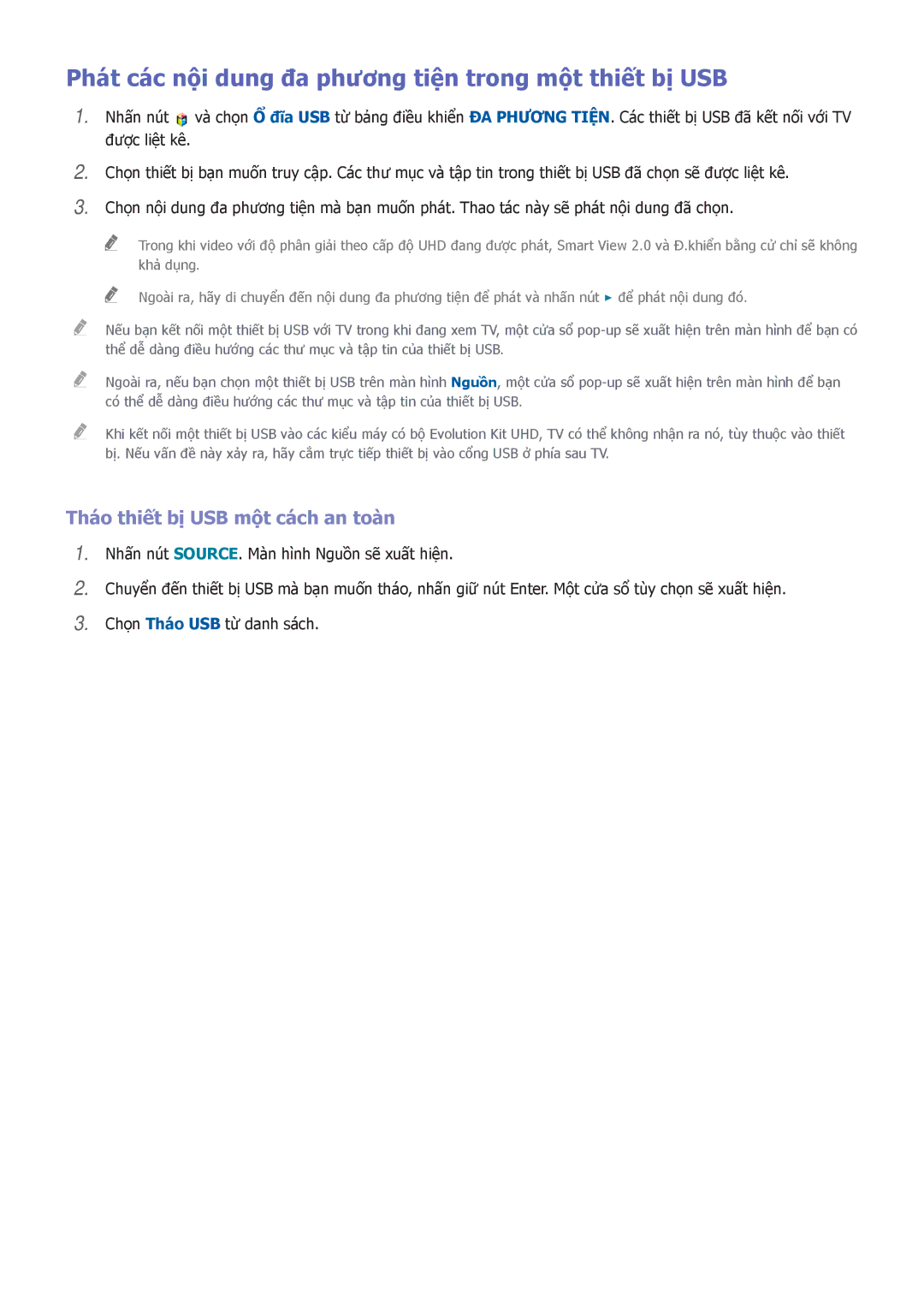 Samsung UA85HU8500KXXV manual Phát các nội dung đa phương tiện trong một thiết bị USB, Tháo thiết bị USB một cách an toàn 
