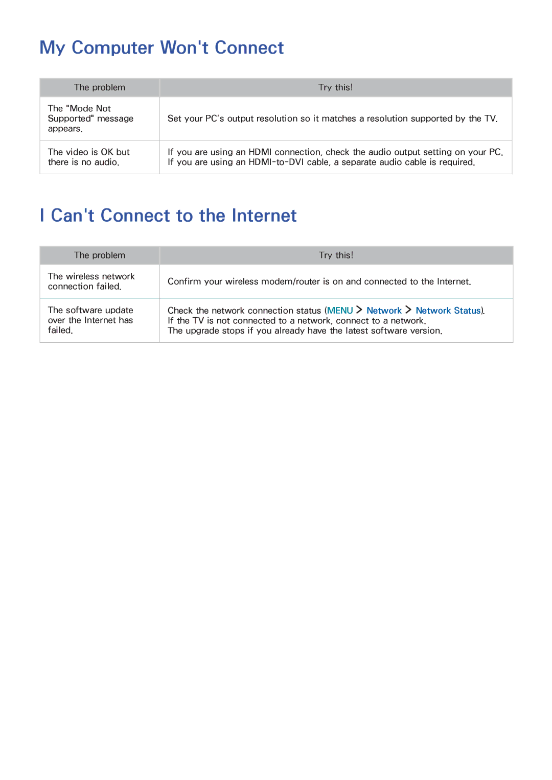 Samsung UA48J6300ARXUM, UA55J6300ARXSK, UA40J5500ARXSK manual My Computer Wont Connect, Cant Connect to the Internet 