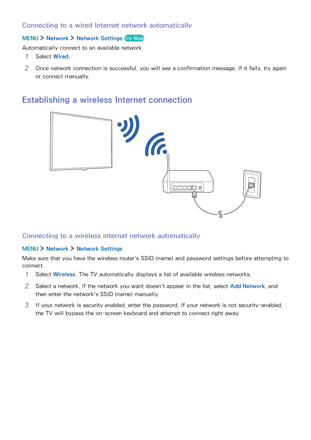 Samsung UA40J5500ARXUM Establishing a wireless Internet connection, Connecting to a wired Internet network automatically 