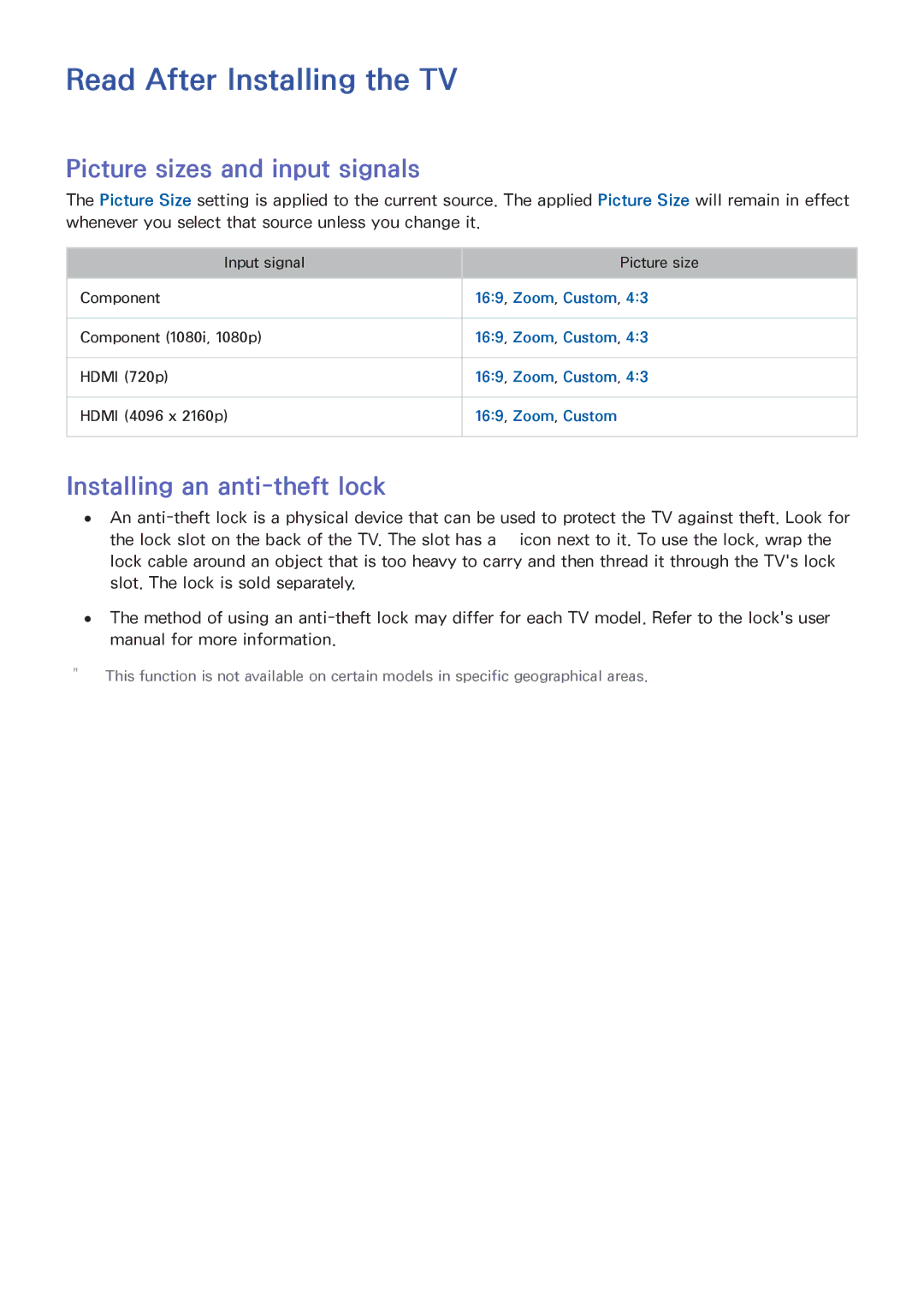 Samsung UA40J6300ARXUM manual Read After Installing the TV, Picture sizes and input signals, Installing an anti-theft lock 