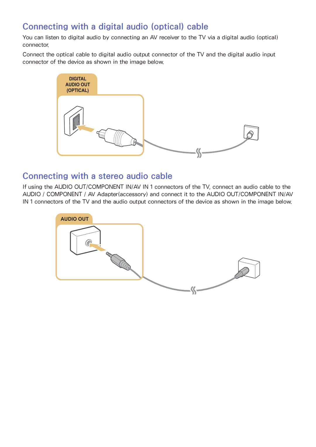 Samsung UA50J5500ARXUM, UA55J6300ARXSK Connecting with a digital audio optical cable, Connecting with a stereo audio cable 