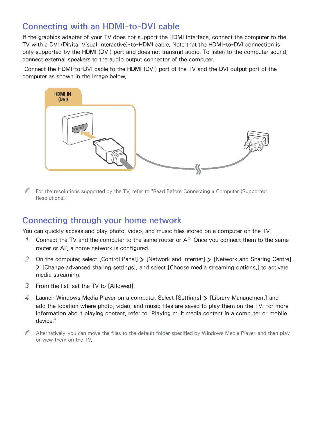 Samsung UA43J5500ARXUM, UA55J6300ARXSK manual Connecting with an HDMI-to-DVI cable, Connecting through your home network 