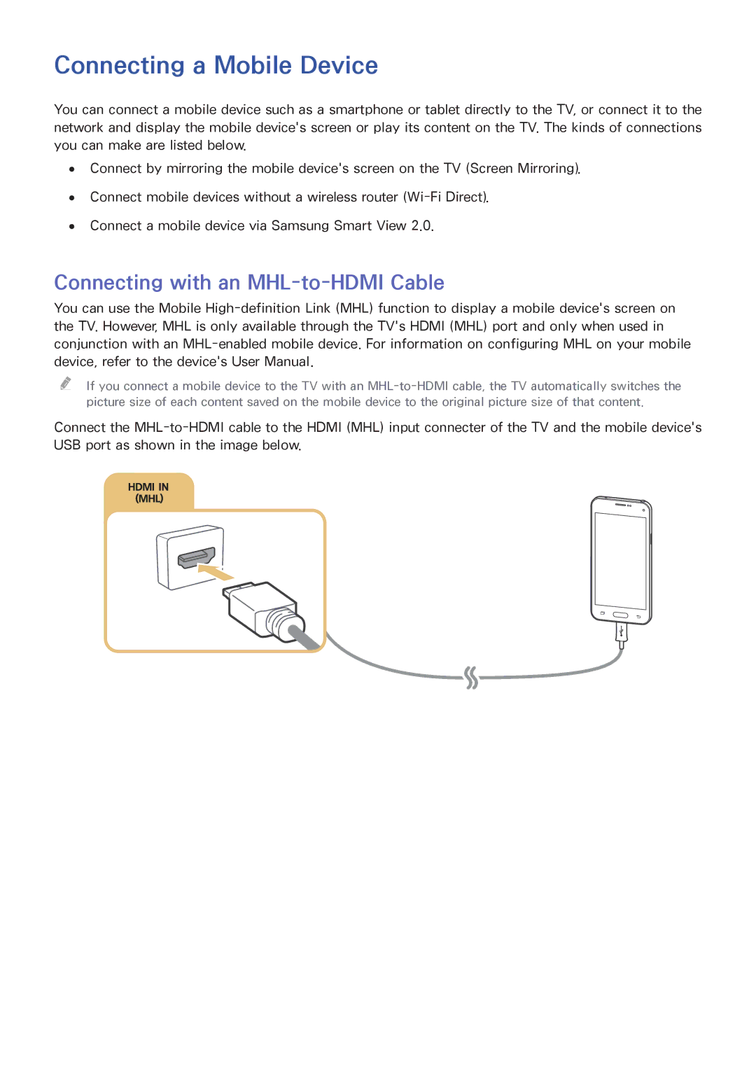 Samsung UA48J6200ARXUM, UA55J6300ARXSK, UA40J5500ARXSK Connecting a Mobile Device, Connecting with an MHL-to-HDMI Cable 