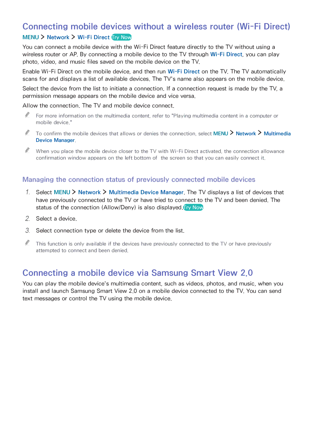 Samsung UA55J6300ARXSK manual Connecting a mobile device via Samsung Smart View, Menu Network Wi-Fi Direct Try Now 