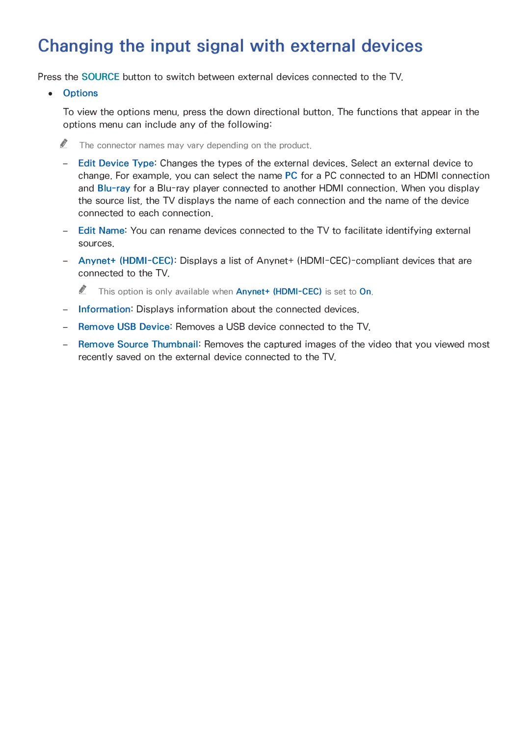 Samsung UA40J5500ARXSK, UA55J6300ARXSK, UA48J6300ARXSK manual Changing the input signal with external devices, Options 