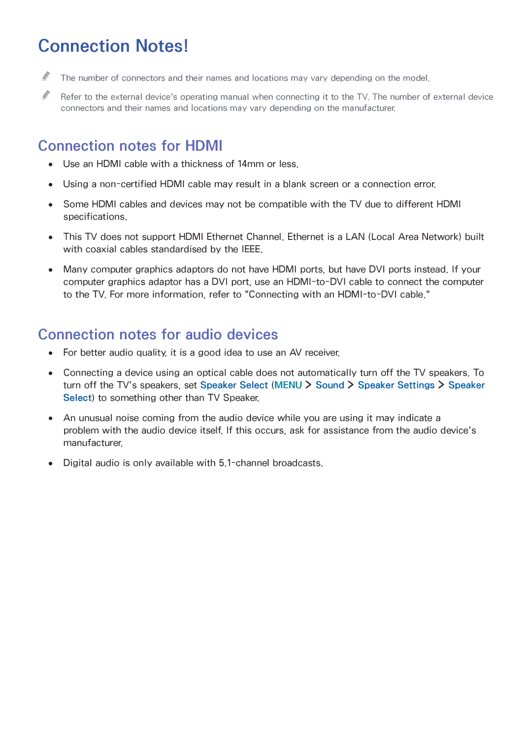 Samsung UA48J6300ARXSK, UA55J6300ARXSK Connection Notes, Connection notes for Hdmi, Connection notes for audio devices 