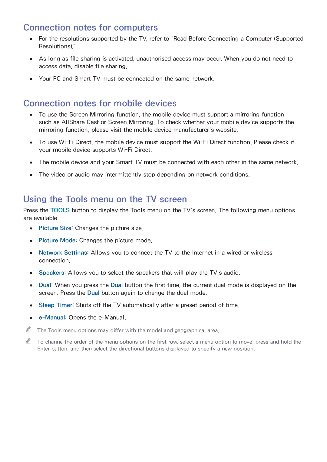 Samsung UA60J6200ARXUM, UA55J6300ARXSK, UA40J5500ARXSK Connection notes for computers, Connection notes for mobile devices 