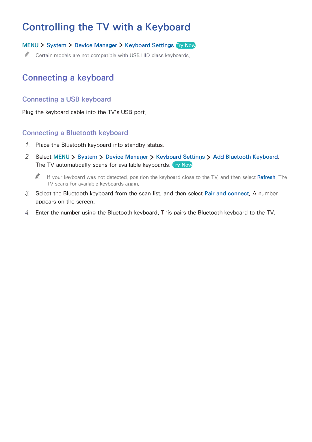 Samsung UA48J6300ARXUM manual Controlling the TV with a Keyboard, Connecting a keyboard, Connecting a USB keyboard 