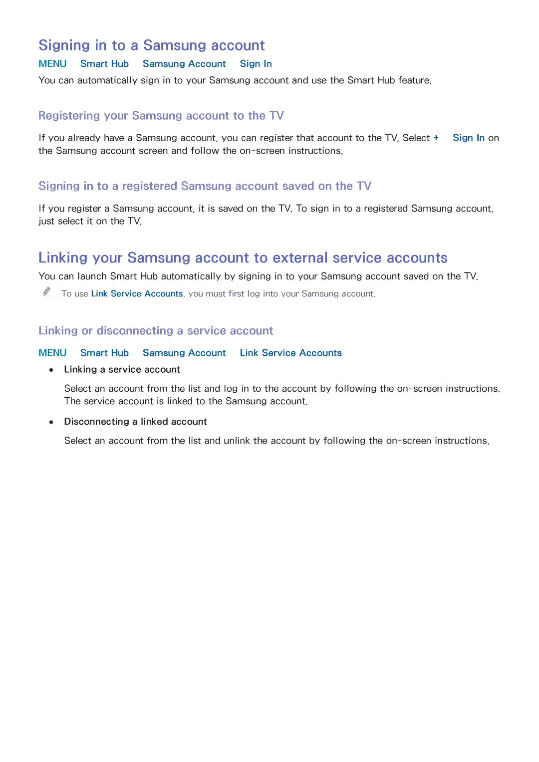 Samsung UA40J5500ARXUM manual Signing in to a Samsung account, Linking your Samsung account to external service accounts 