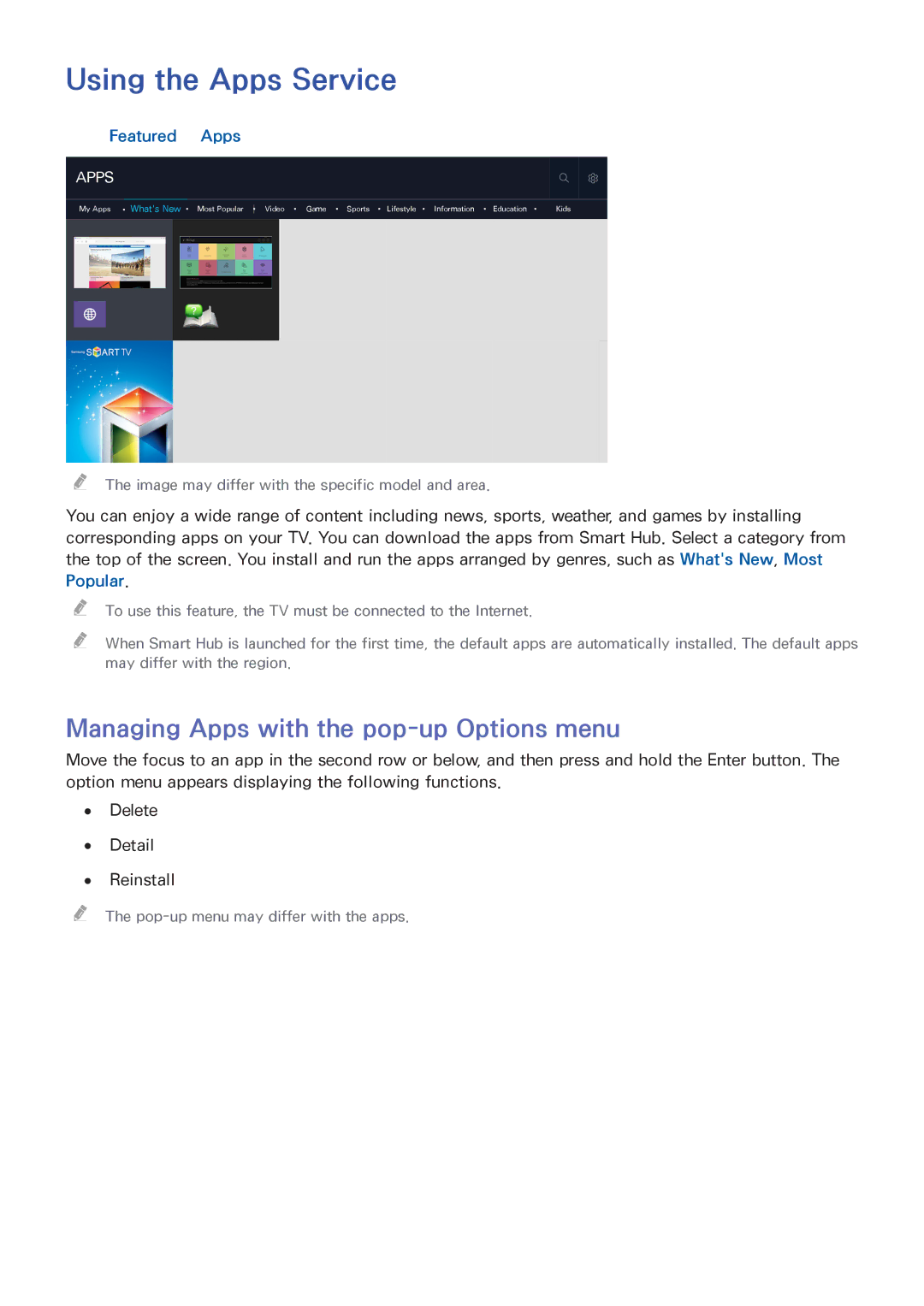 Samsung UA40J5500ARXSK, UA55J6300ARXSK Using the Apps Service, Managing Apps with the pop-up Options menu, Featured Apps 