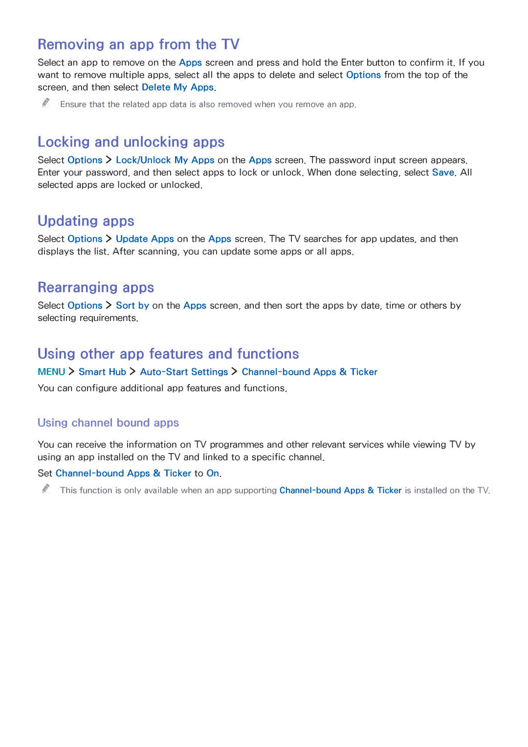 Samsung UA60J6200ARXUM manual Removing an app from the TV, Locking and unlocking apps, Updating apps, Rearranging apps 