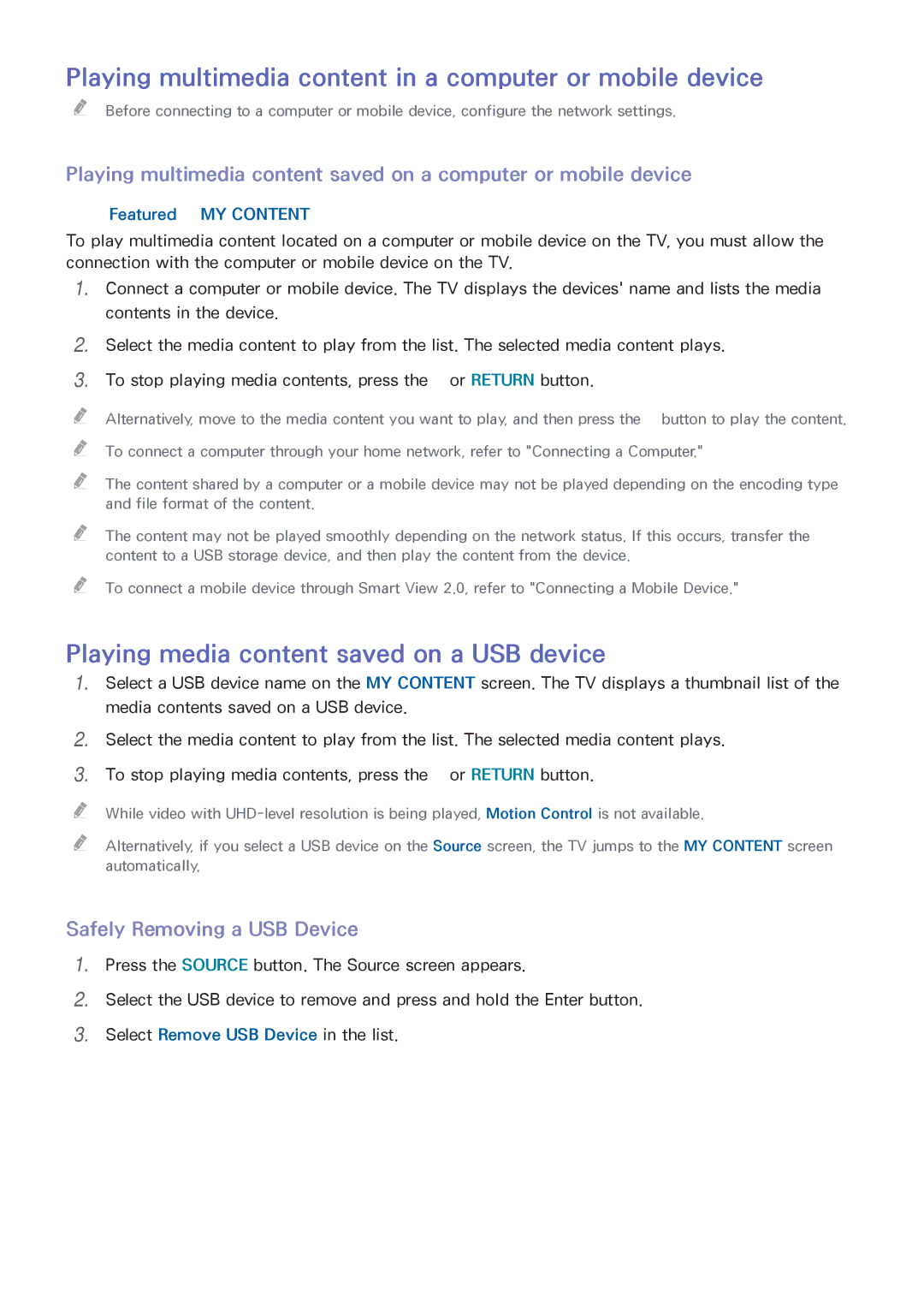 Samsung UA50J5500ARXUM manual Playing multimedia content in a computer or mobile device, Safely Removing a USB Device 